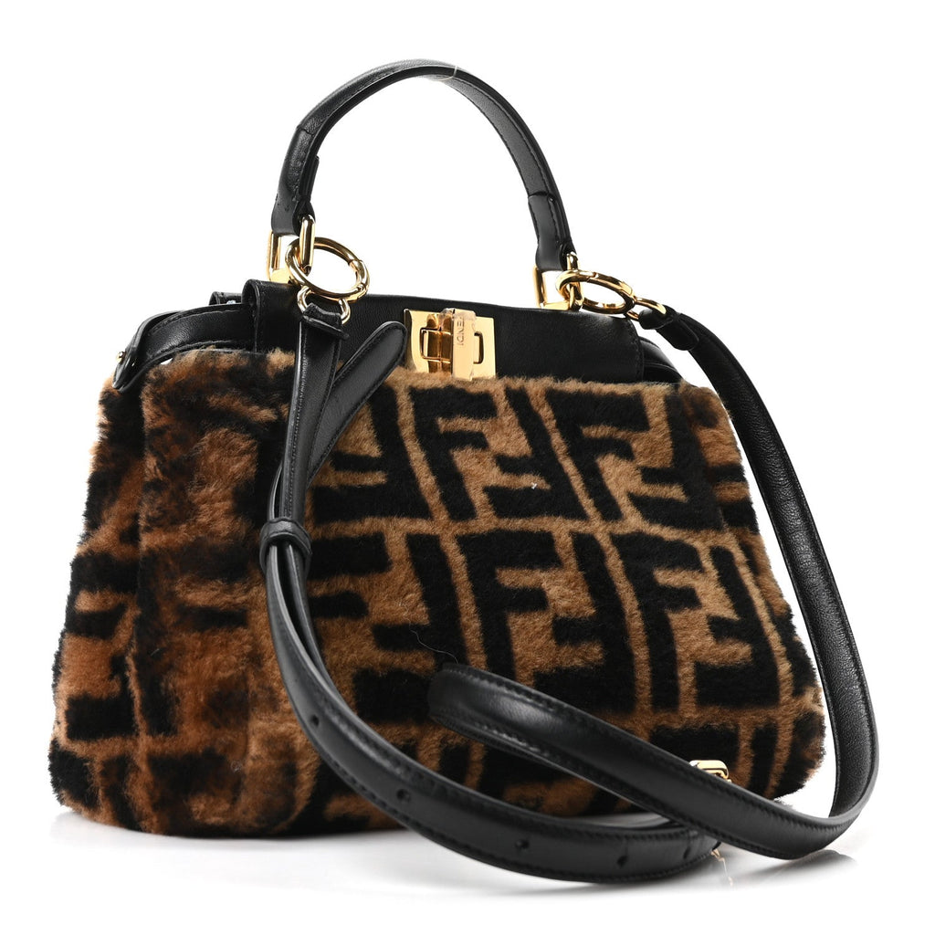 Shearling Nappa Macro FF 1974 Mini Peekaboo Iconic Satchel Tobacco Black