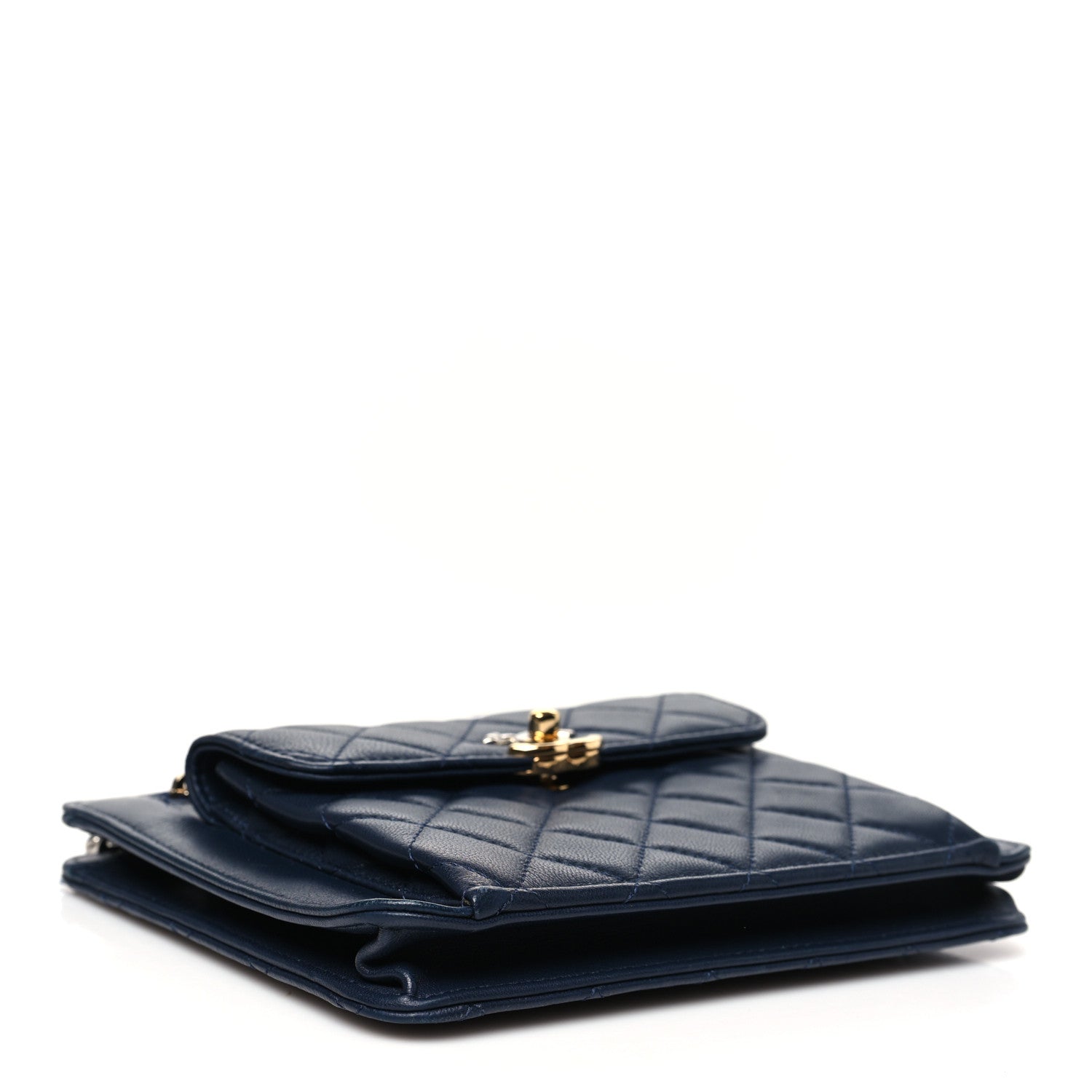 Lambskin Quilted Square Front Pocket Clutch With Chain Navy Blue