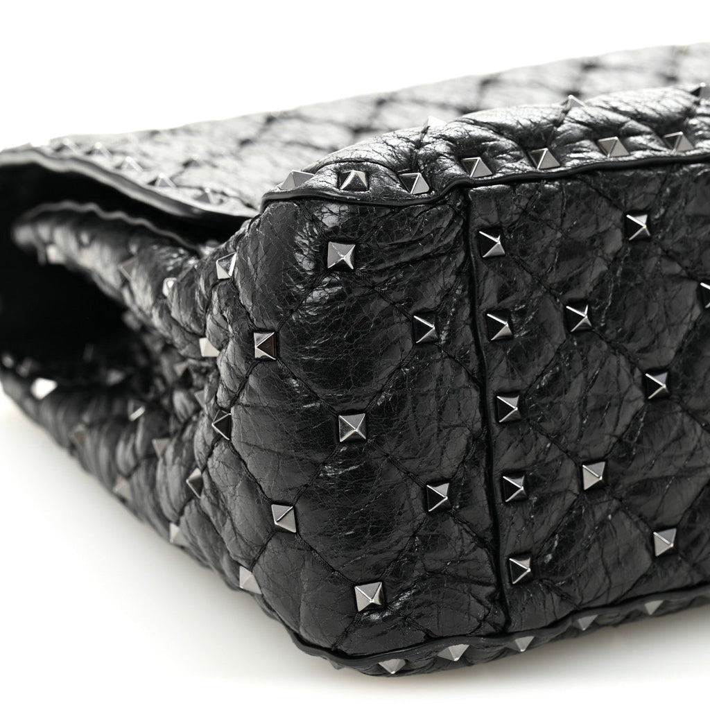Craquele Nappa Large Rockstud Spike Shoulder Bag Black