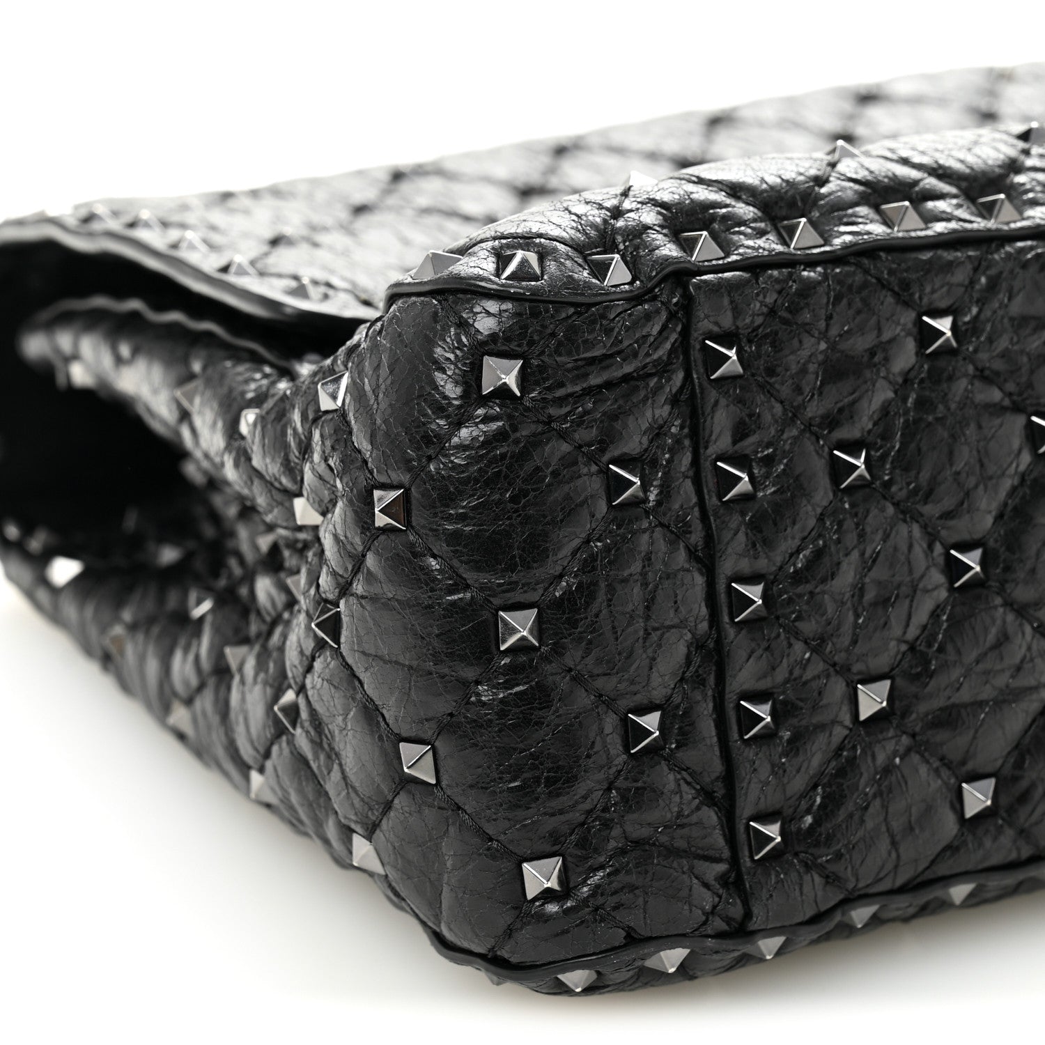 Craquele Nappa Large Rockstud Spike Shoulder Bag Black