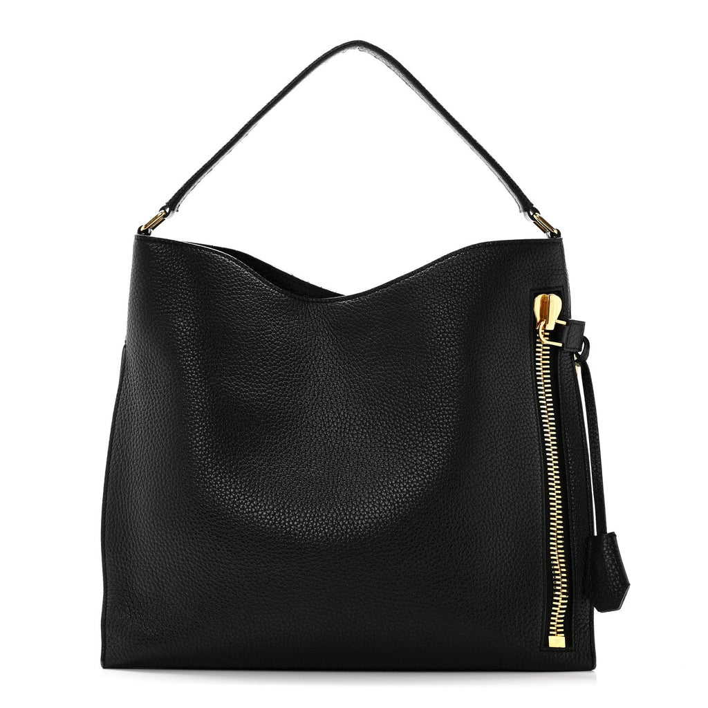 Pebbled Calfskin Small Alix Padlock Zip Hobo Bag Black