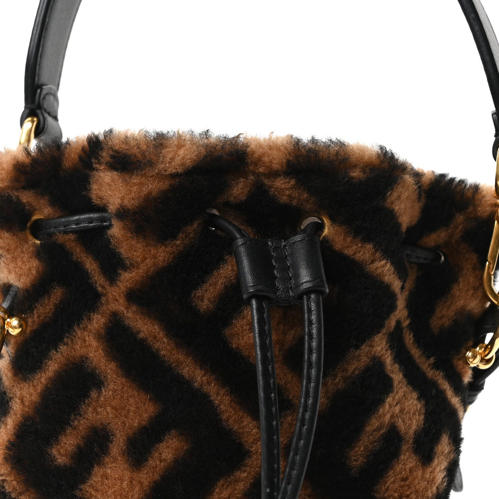 Shearling Vitello Dolce F is Fendi Macro FF 1974 Mini Mon Tresor Bucket Bag Tobacco Black