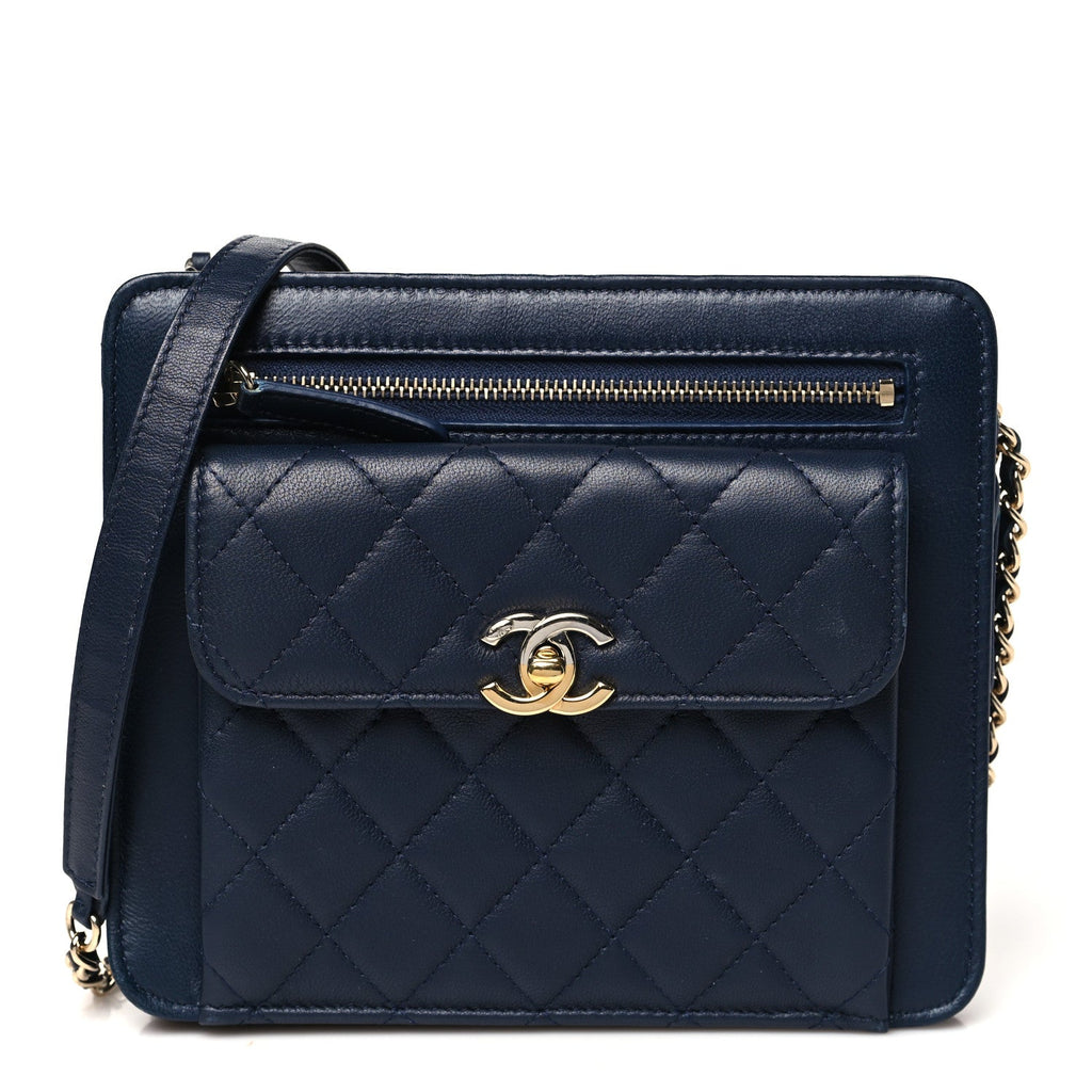 Lambskin Quilted Square Front Pocket Clutch With Chain Navy Blue