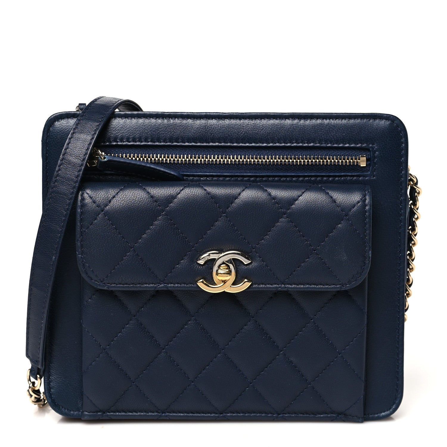 Lambskin Quilted Square Front Pocket Clutch With Chain Navy Blue