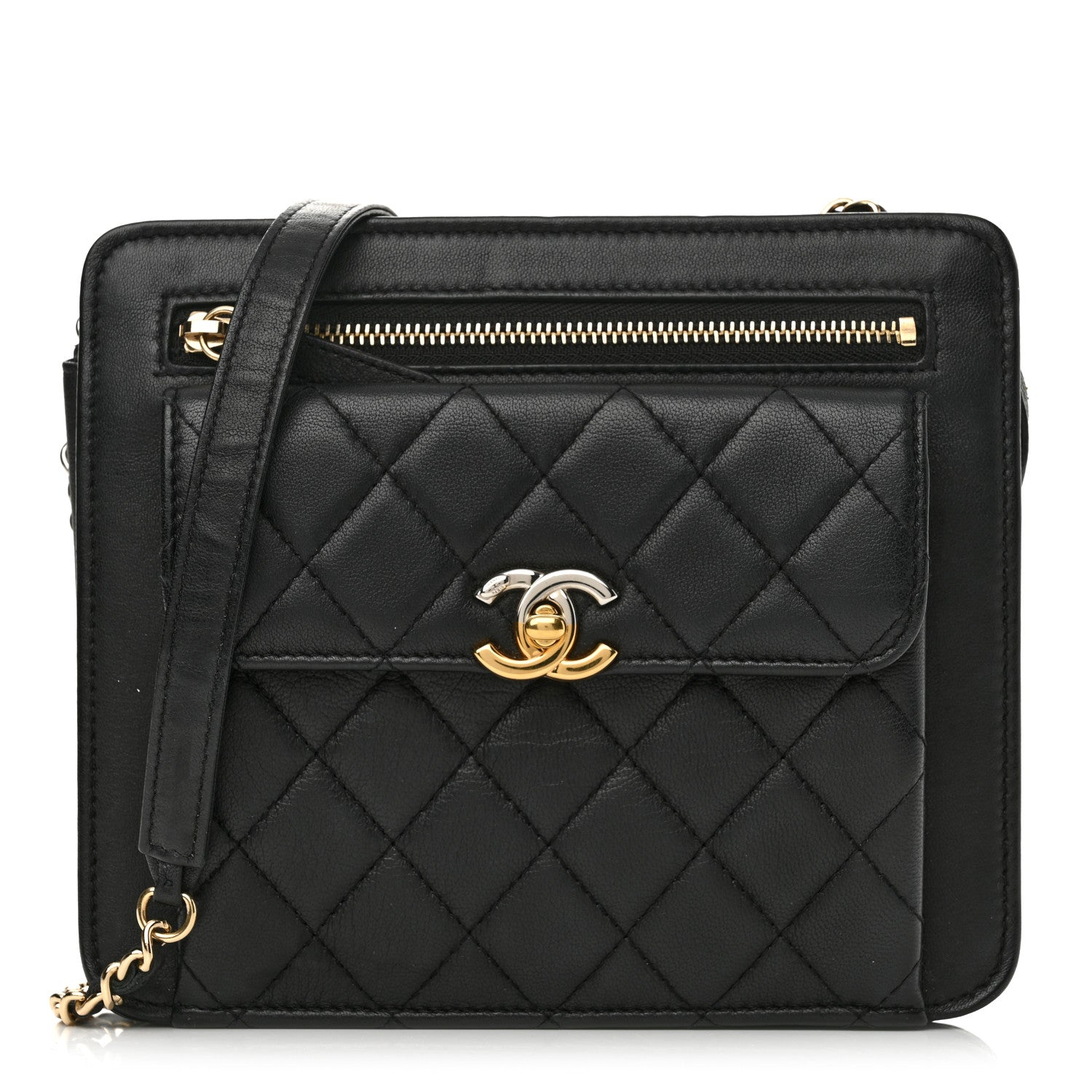 Lambskin Quilted Square Front Pocket Clutch With Chain Black