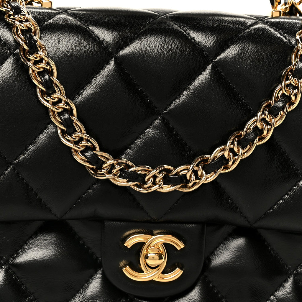 Shiny Lambskin Quilted Golden Links Top Handle Flap Black