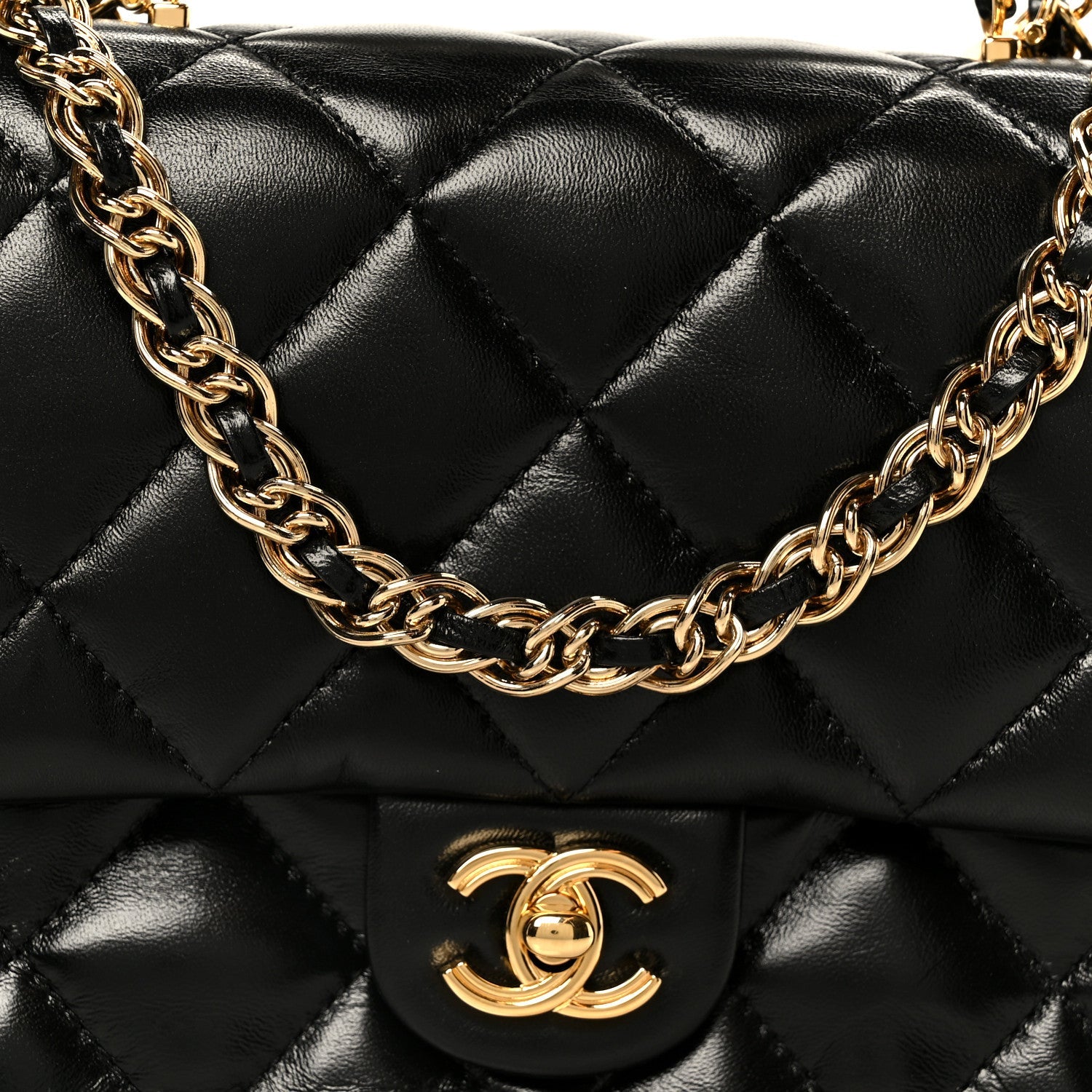 Shiny Lambskin Quilted Golden Links Top Handle Flap Black