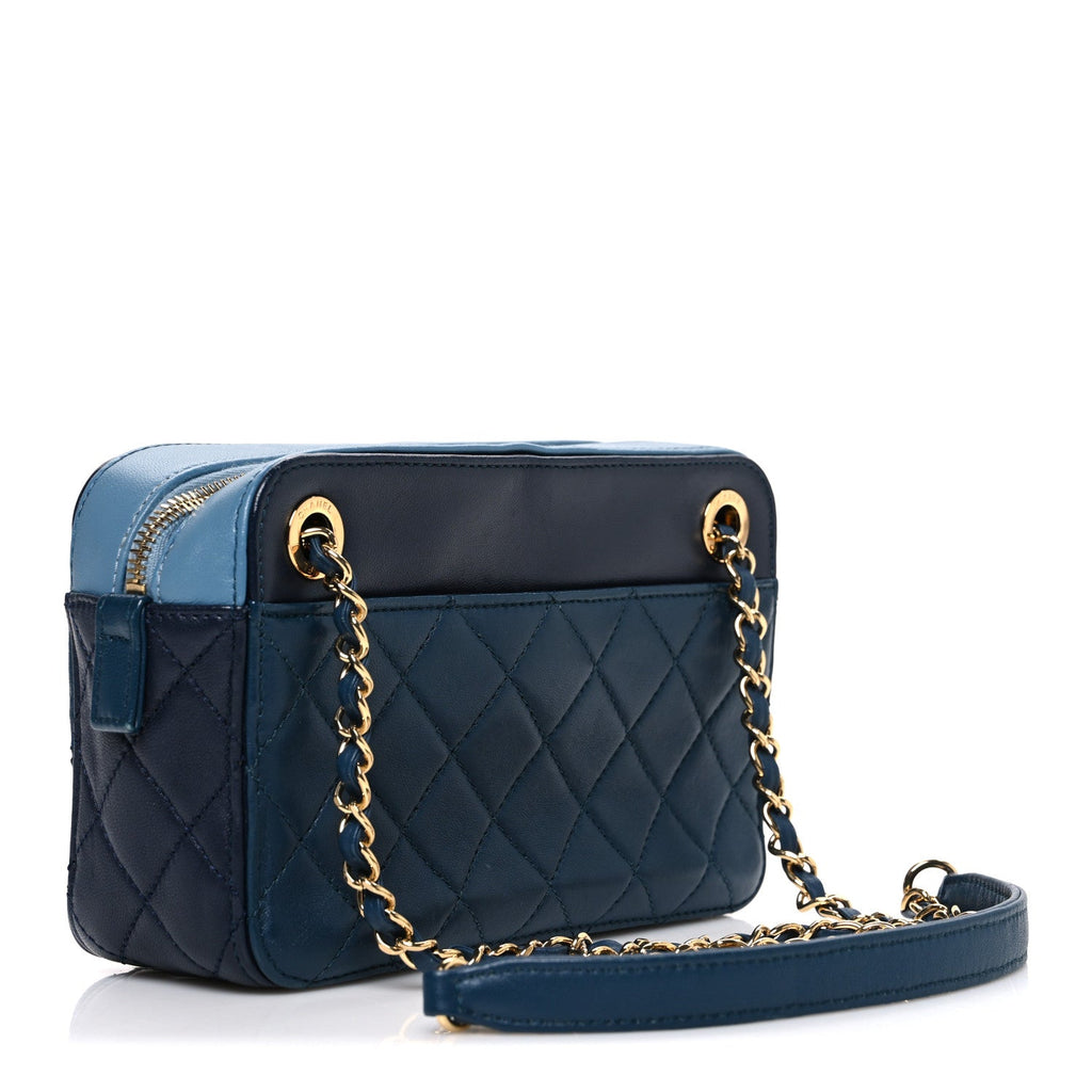 Lambskin Quilted Small In & Out Camera Case Navy Light Blue