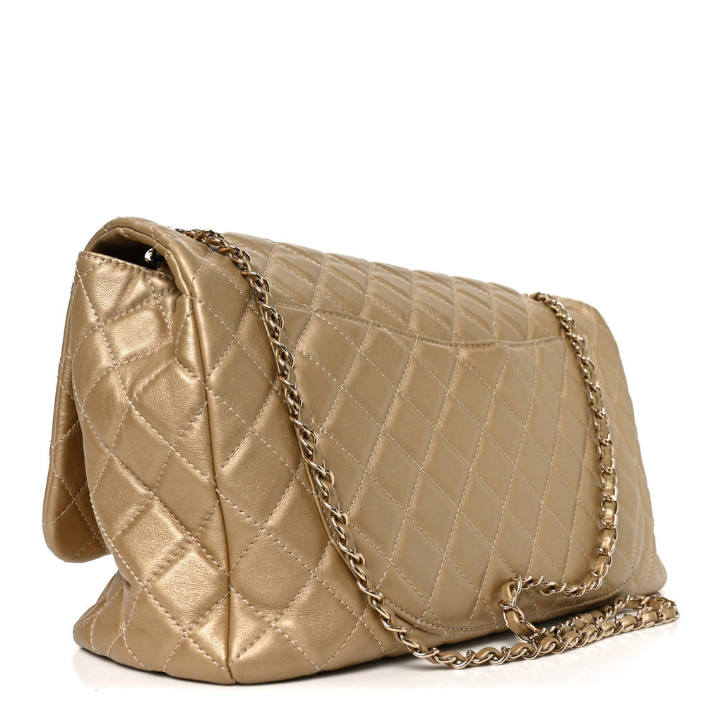Metallic Calfskin Quilted Small XXL Travel Flap Bag Gold