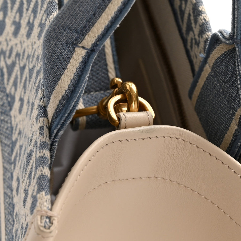 Oblique Chambray Calfskin Small Book Tote With Strap Blue Latte