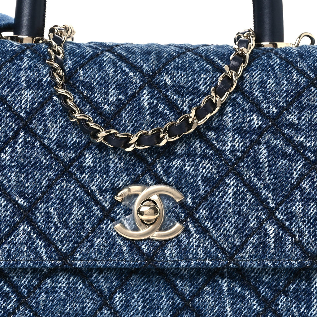 Washed Denim Quilted Mini Coco Handle Flap Blue