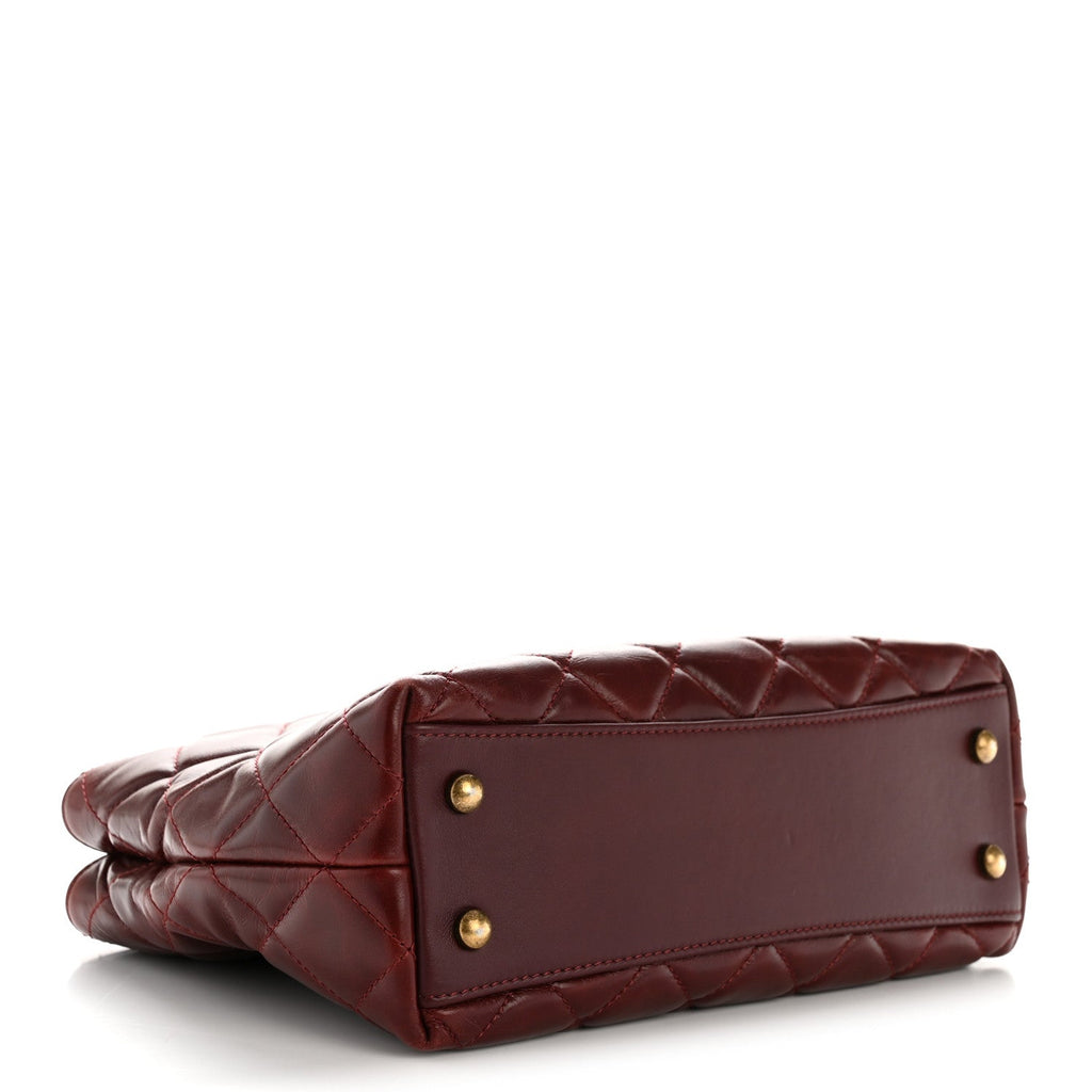Glazed Calfskin Quilted Small Gold Bar Tote Red