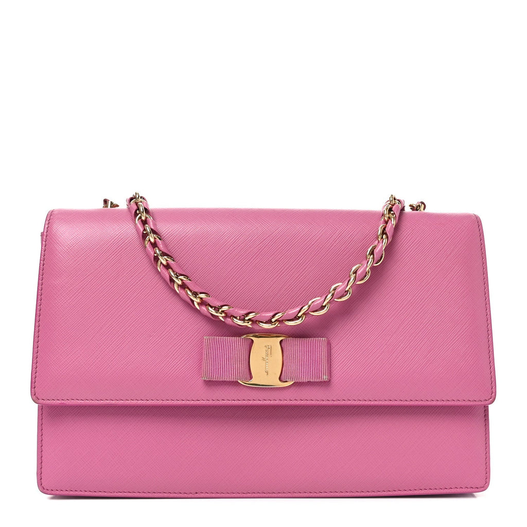 Printed Calfskin Vara Bow Chain Flap Crossbody Fuchsia