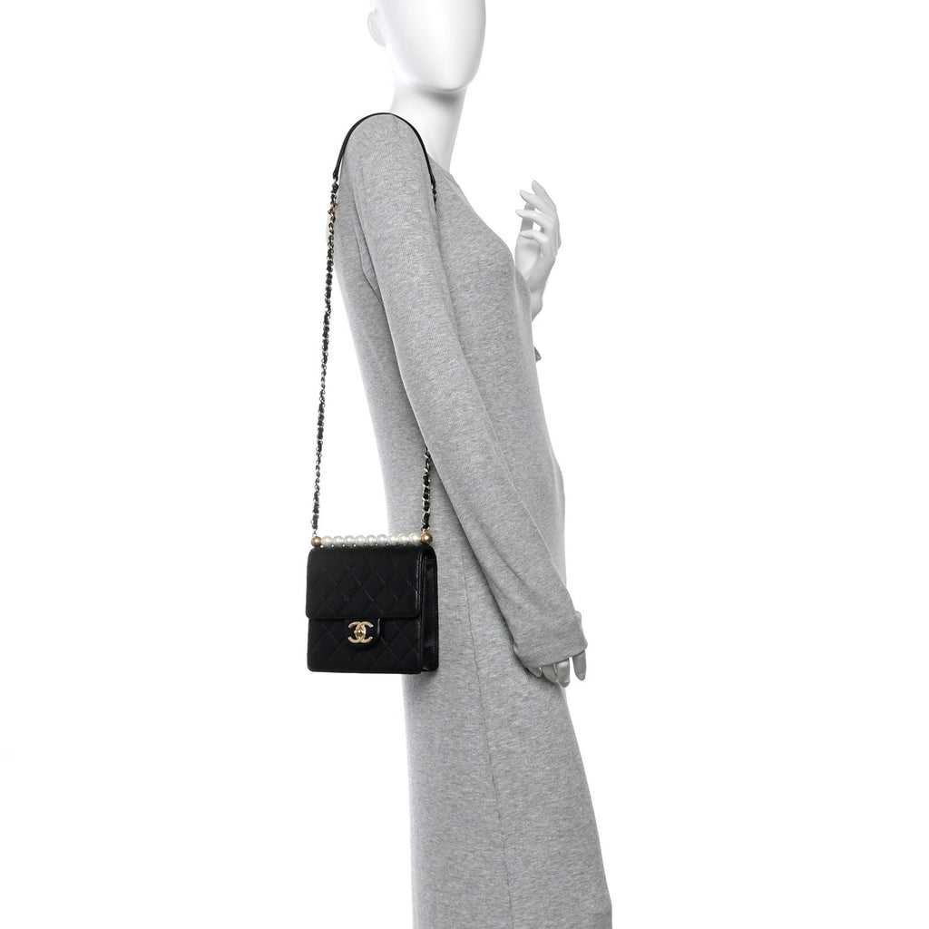 Goatskin Quilted Chic Pearls Flap Black