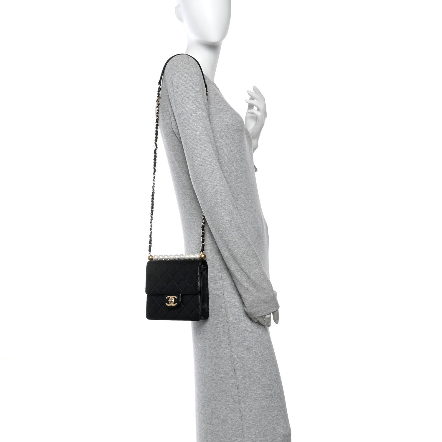 Goatskin Quilted Chic Pearls Flap Black