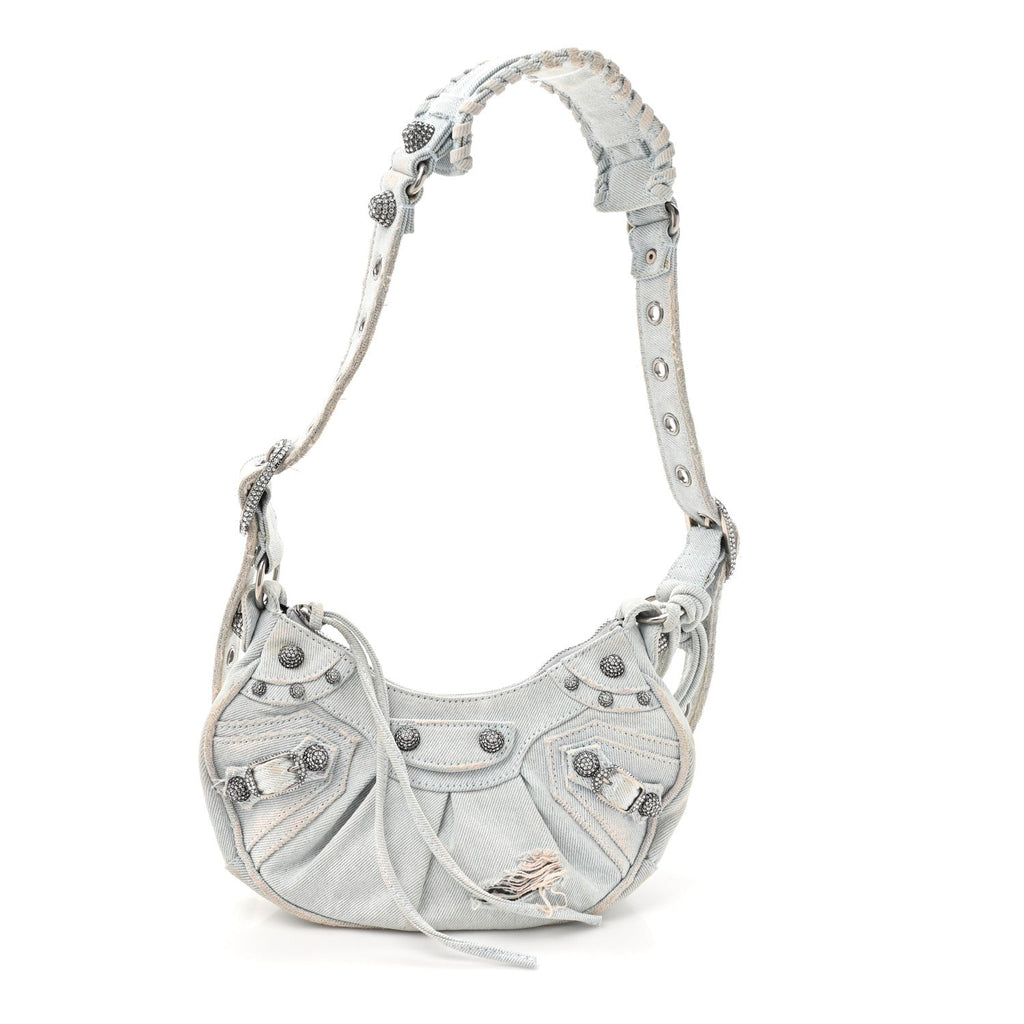 Washed Frayed Denim Crystal XS Le Cagole Shoulder Bag Pale Blue