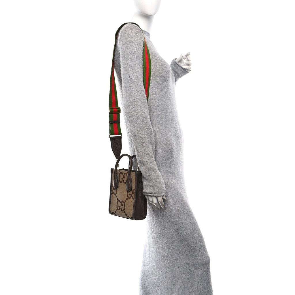Monogram Jumbo GG Textured Dollar Calfskin Web Mini Vertical Tote Camel Ebony New Acero