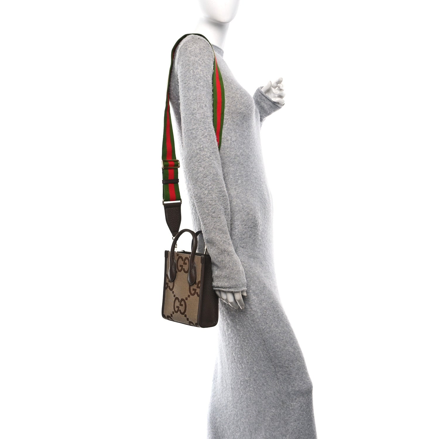 Monogram Jumbo GG Textured Dollar Calfskin Web Mini Vertical Tote Camel Ebony New Acero