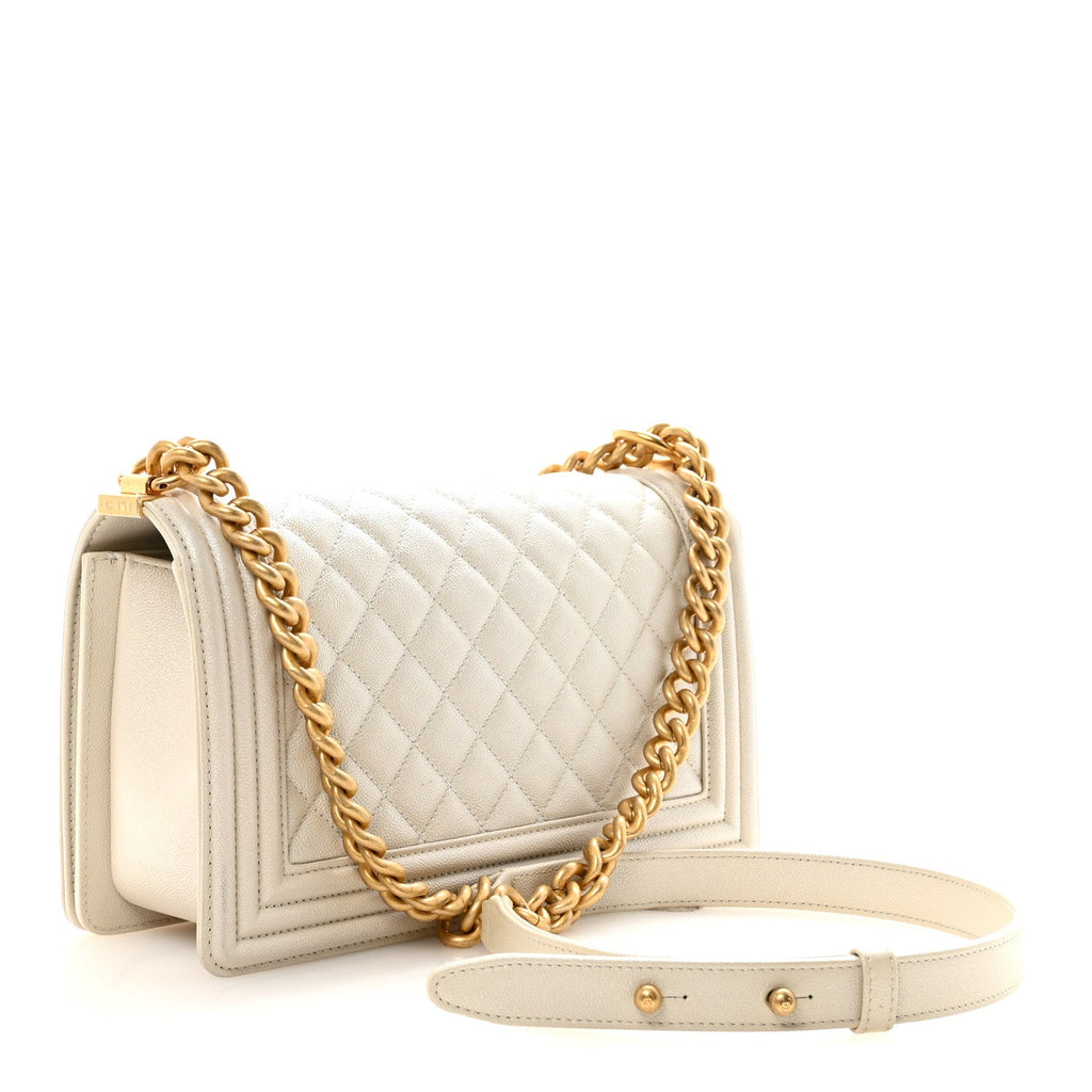 Iridescent Caviar Quilted Medium Boy Flap White