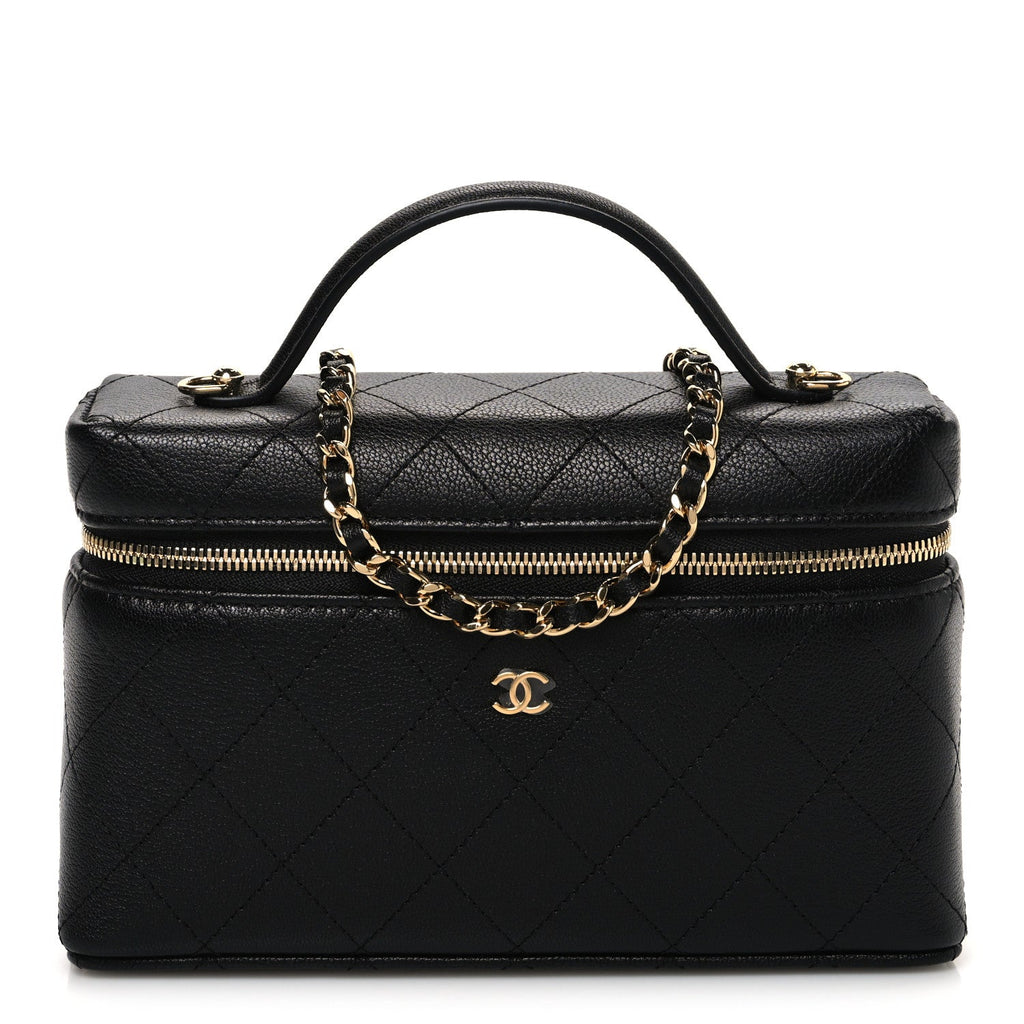 Goatskin Quilted Top Handle Slim Vanity With Chain Black