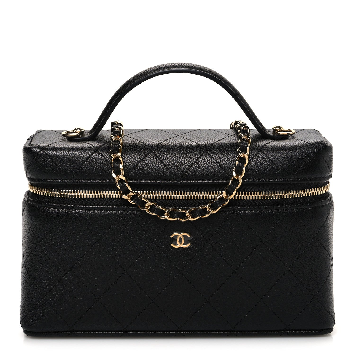 Goatskin Quilted Top Handle Slim Vanity With Chain Black