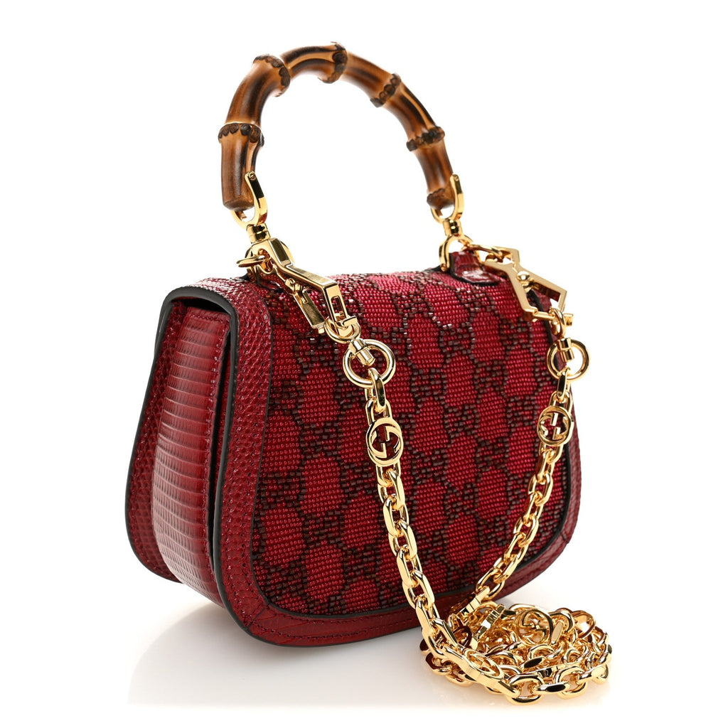 Moire Fabric Calfskin Rhinestone Monogram Monochrome Lizard Embossed Mini Bamboo 1947 Top Handle Chain Bag Red