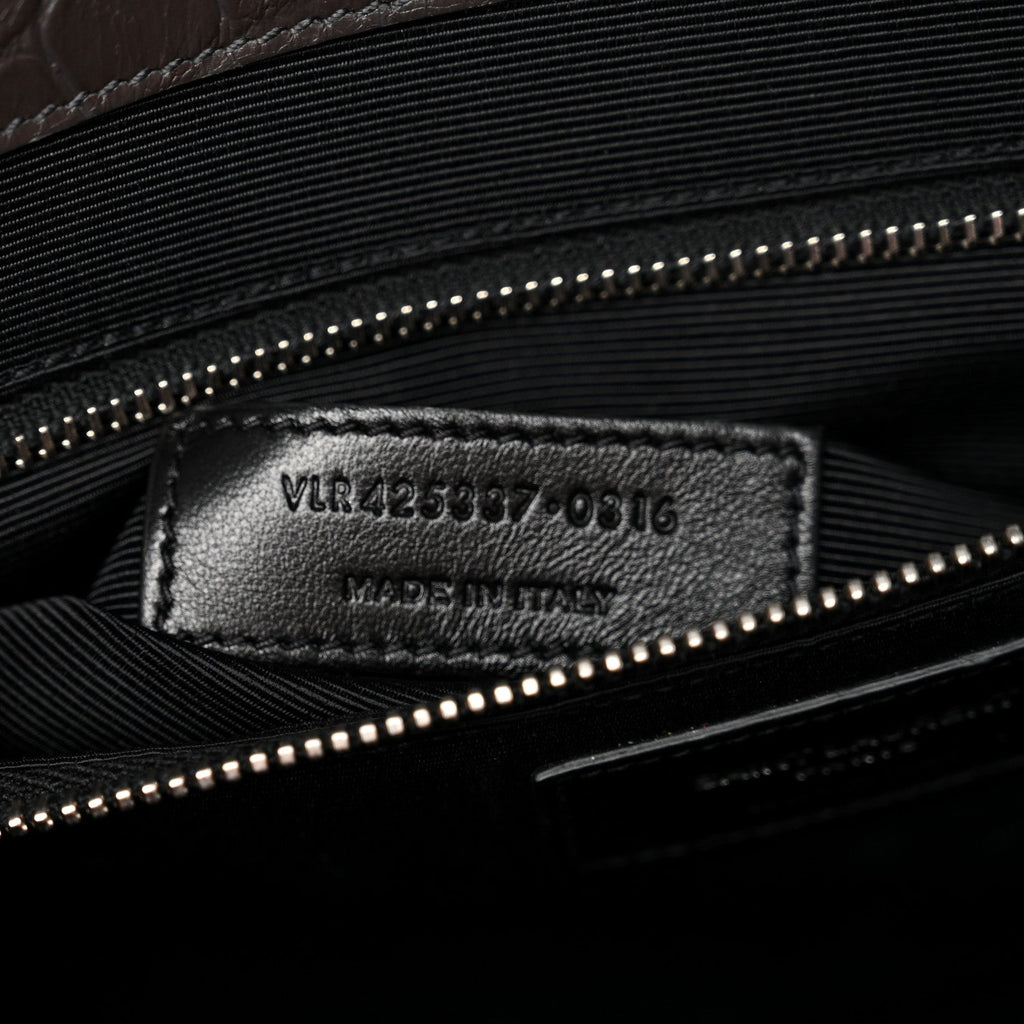 Calfskin Crocodile Embossed Large Monogram Satchel Dark Brown