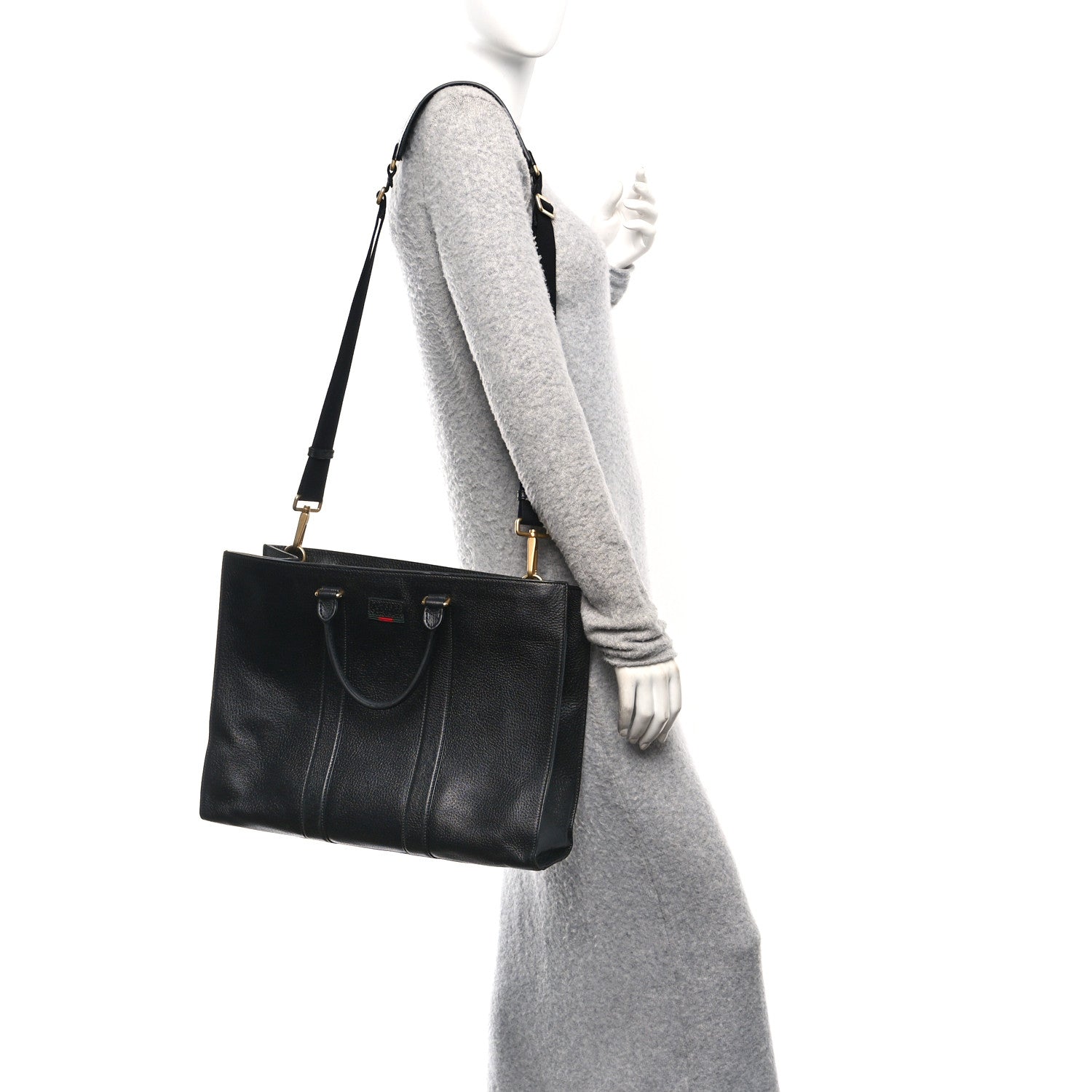 Grained Calfskin Web Top Handle Tote Black