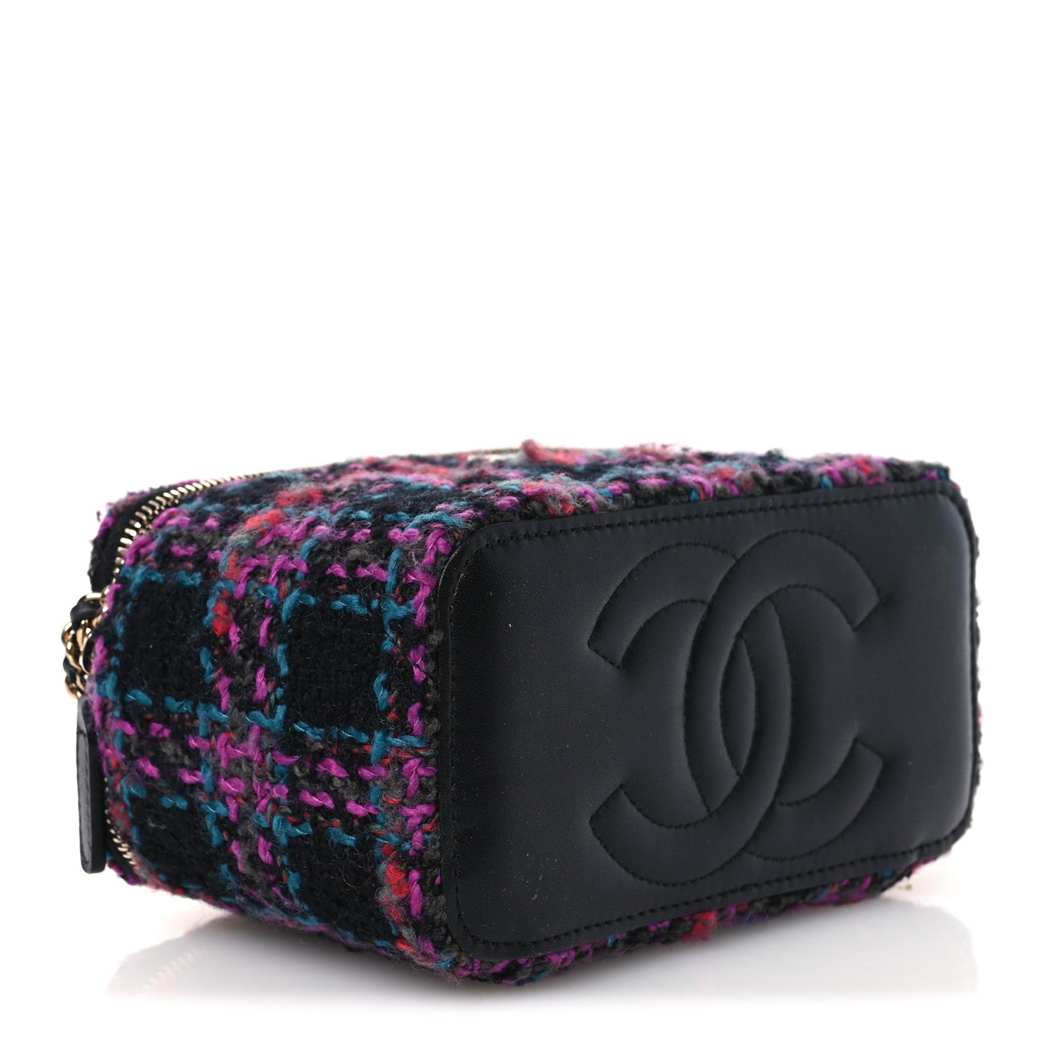 Tweed Quilted Small Vanity Case With Chain Black Purple Green Red