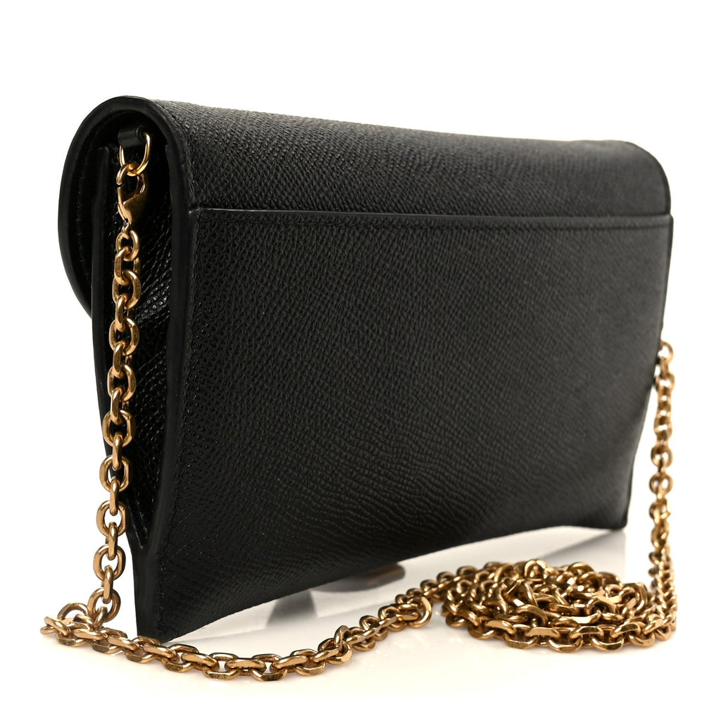 Grained Calfskin Saddle Chain Wallet Pouch Black