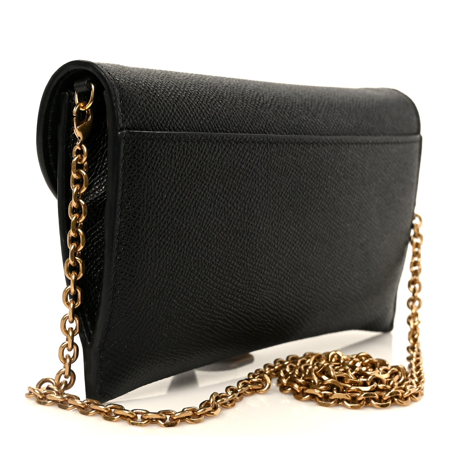 Grained Calfskin Saddle Chain Wallet Pouch Black
