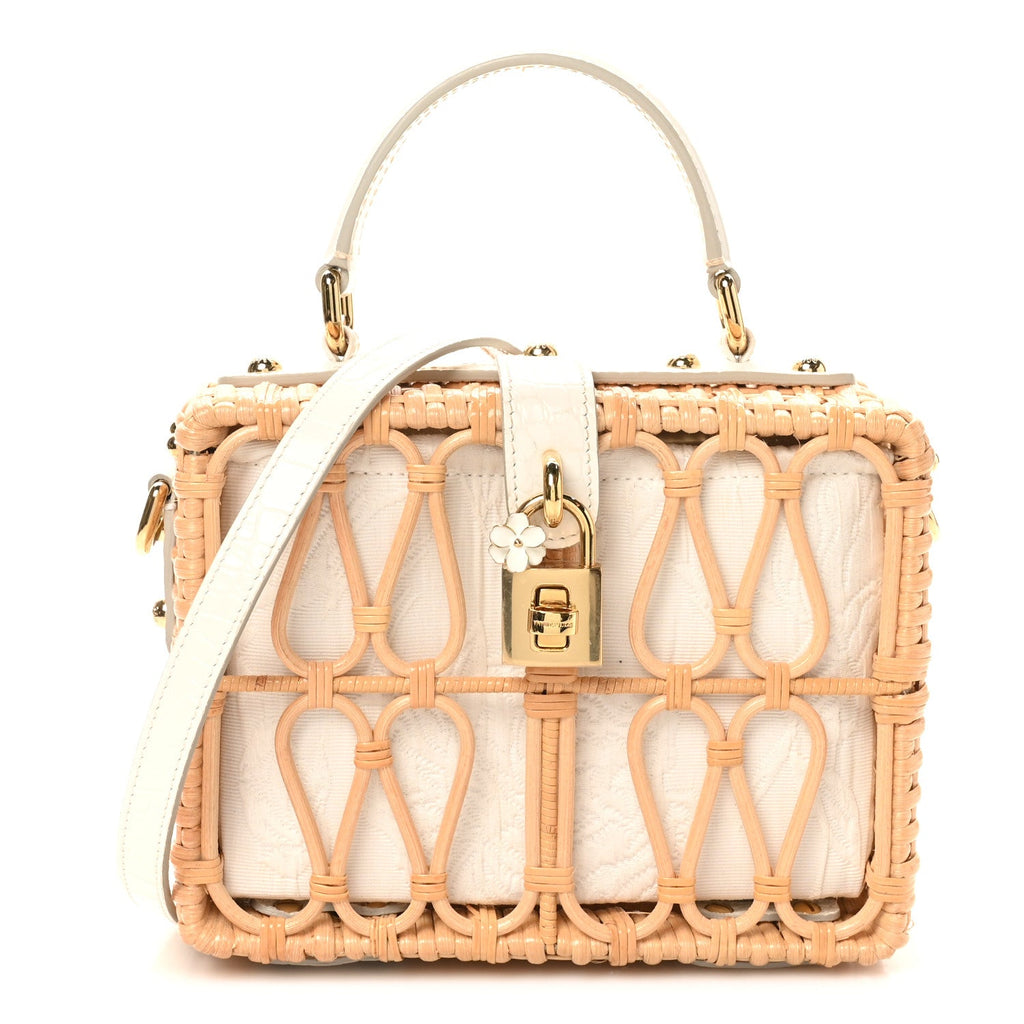 Wicker Calfskin Box Top Handle Bag White