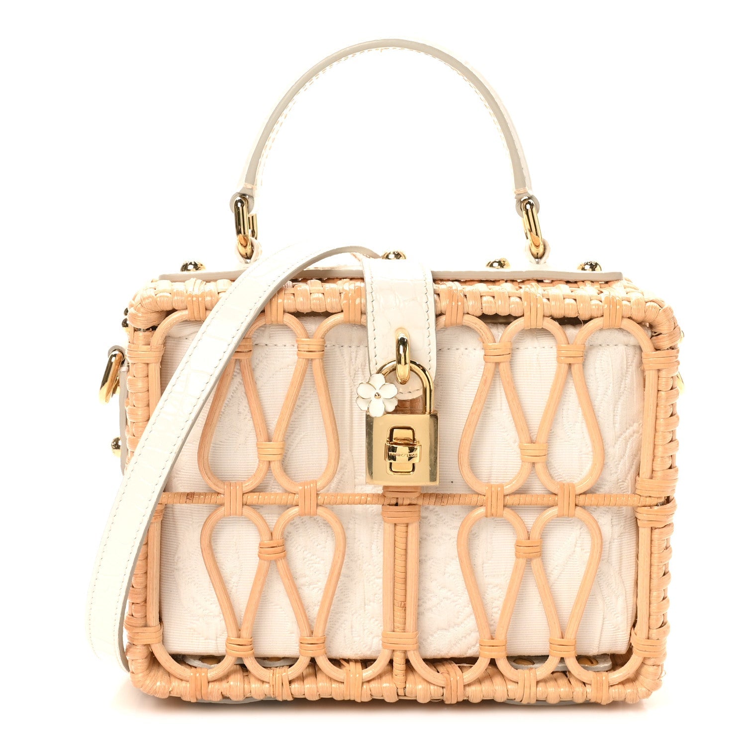 Wicker Calfskin Box Top Handle Bag White