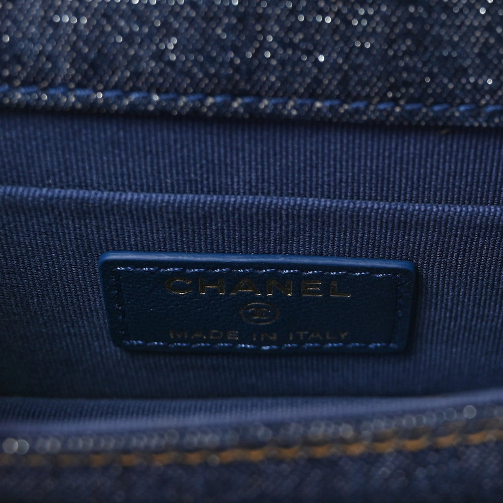 Denim Quilted Double You  Holder On Chain Blue