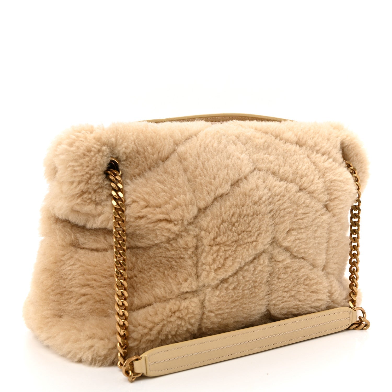 Merino Shearling Lambskin Quilted Small Loulou Puffer Monogram Chain Satchel Natural Beige