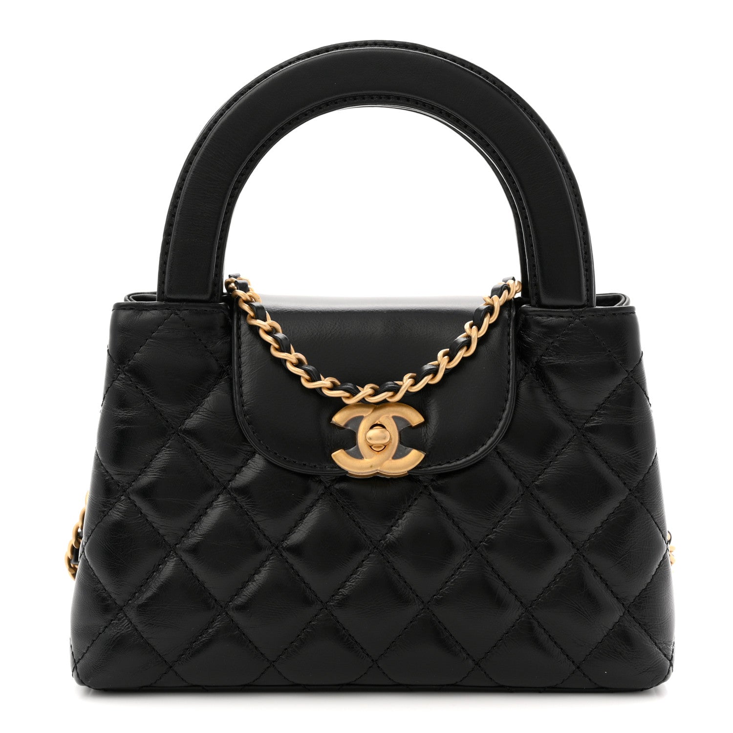 Shiny Aged Calfskin Quilted Nano Kelly Shopper Black