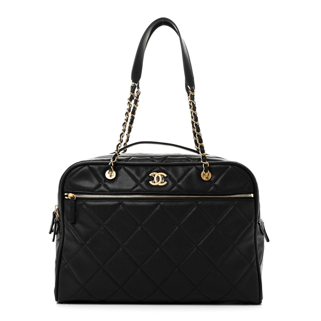 Shiny Grained Calfskin Quilted Travel Bowling Bag Black