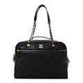 Shiny Grained Calfskin Quilted Travel Bowling Bag Black