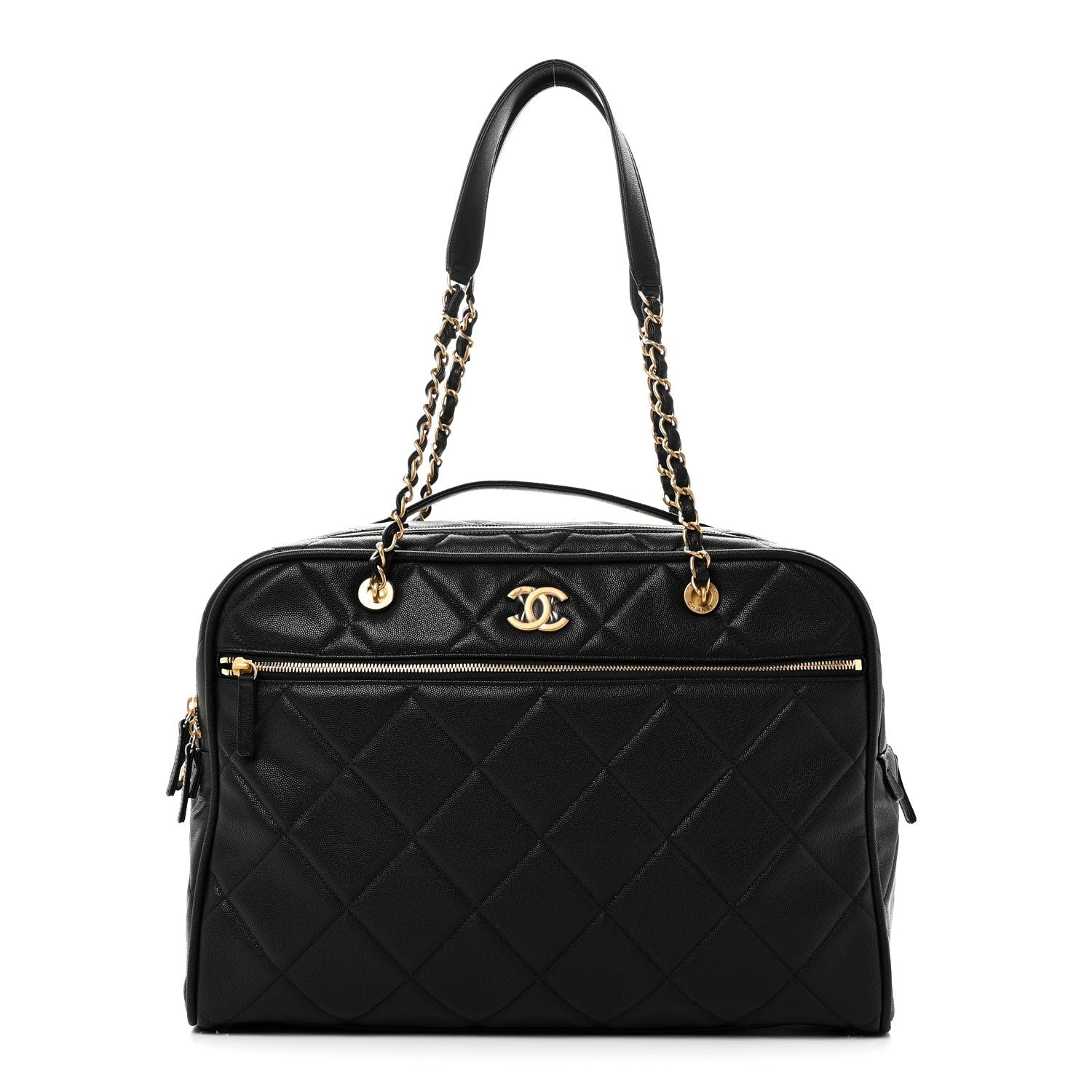 Shiny Grained Calfskin Quilted Travel Bowling Bag Black