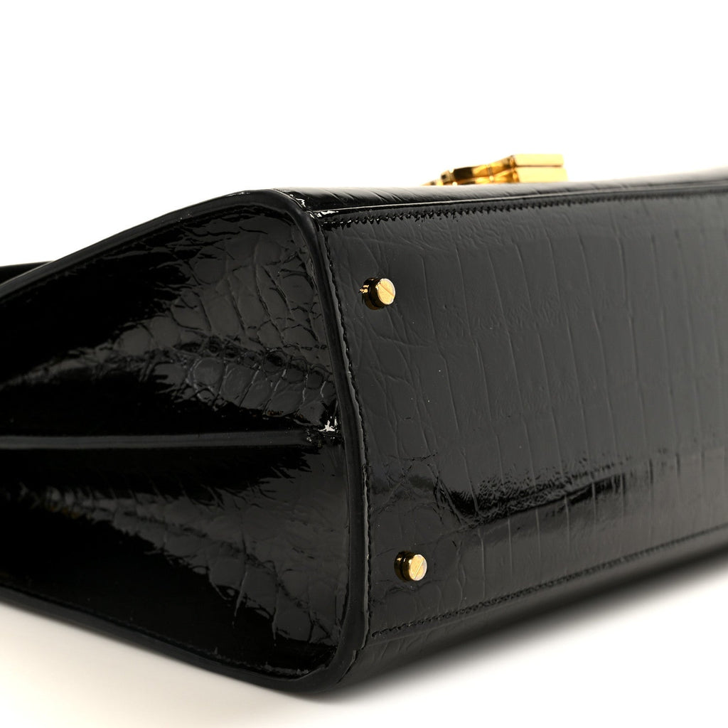 Calfskin Crocodile Embossed Medium Classic Monogram Cassandra Top Handle Black