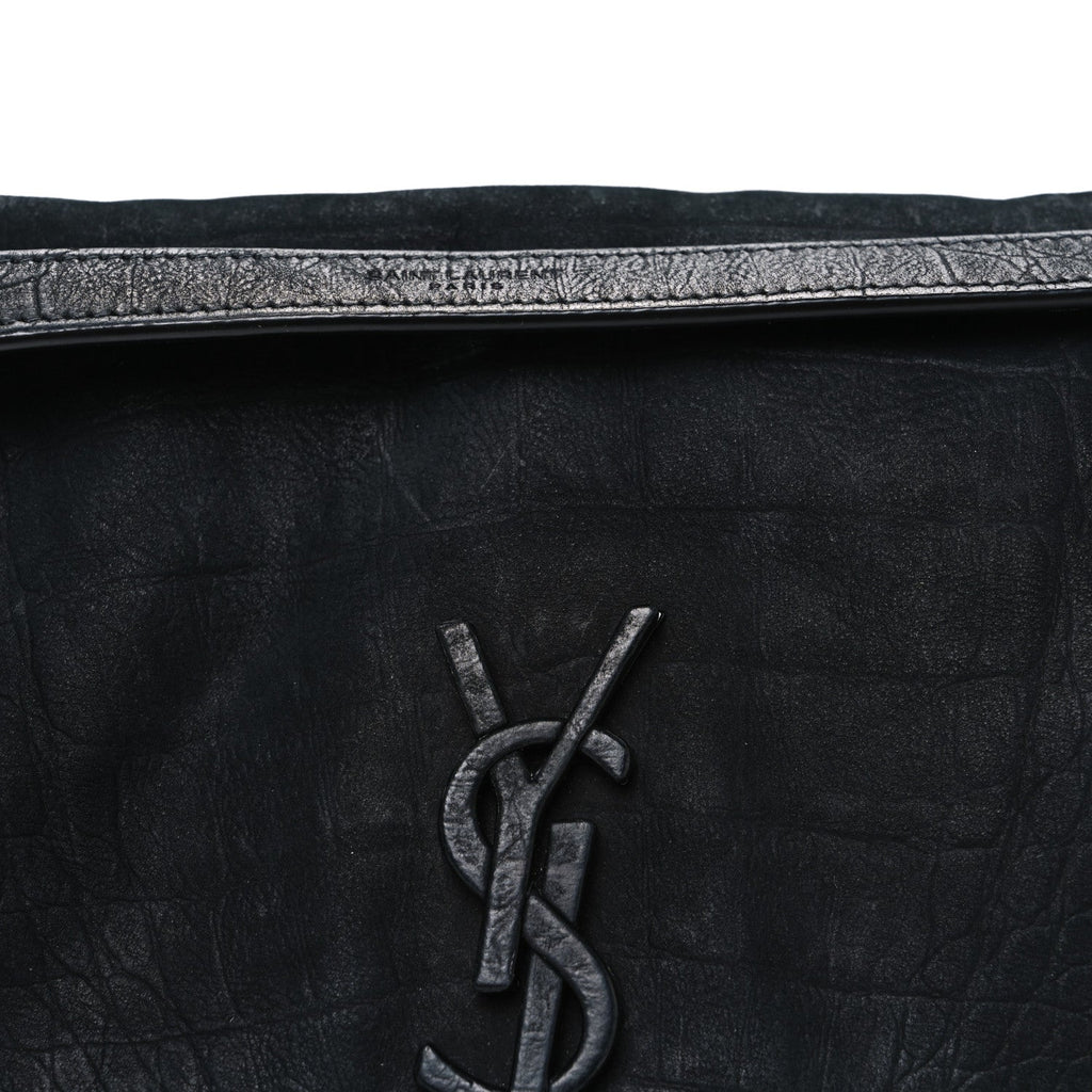 Nubuck Crocodile Embossed Monogram Medium Niki Chain Satchel Black