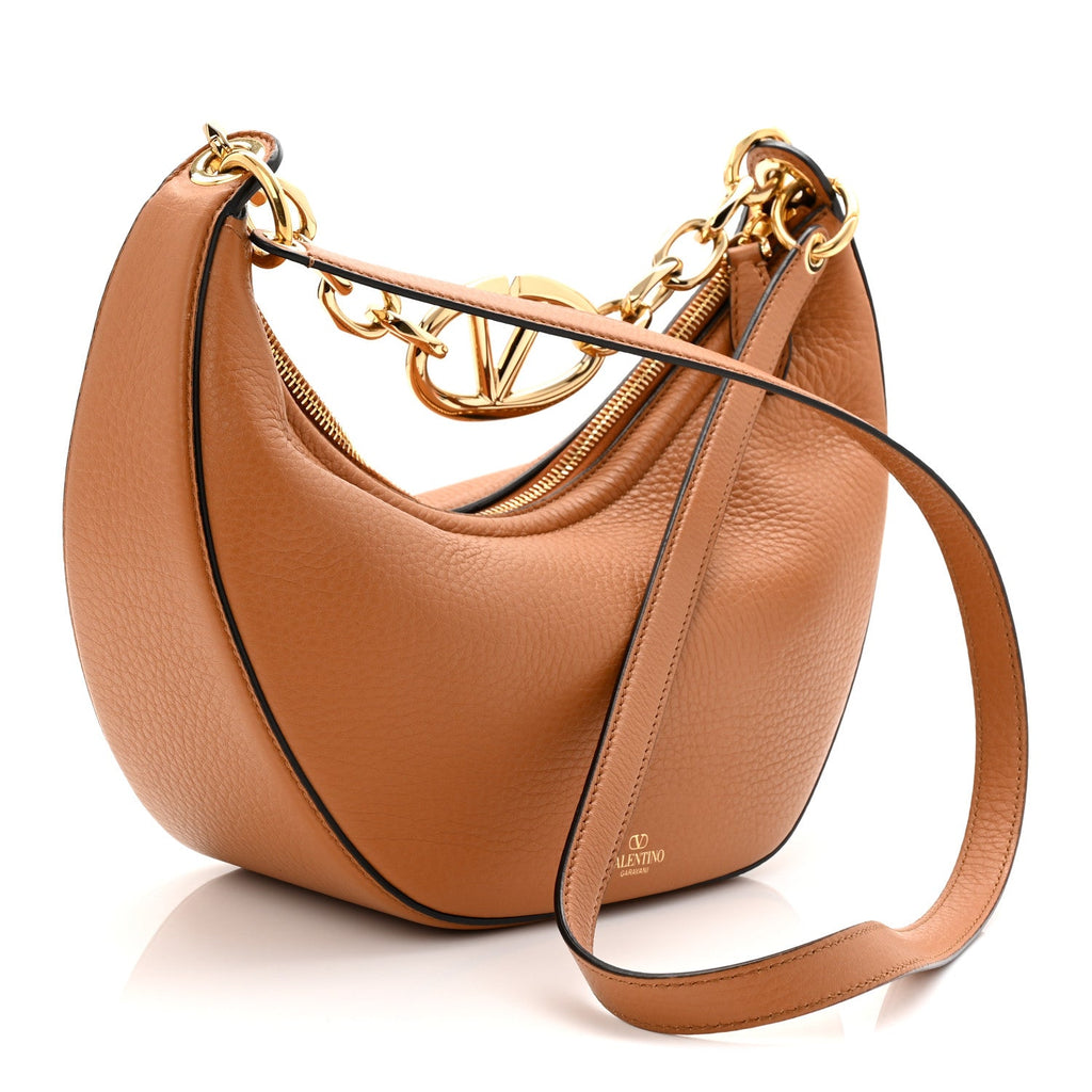 Grainy Calfskin Small Vlogo Moon Hobo Bag Saddle Brown