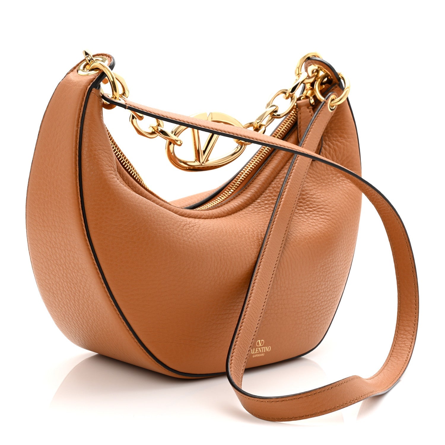 Grainy Calfskin Small Vlogo Moon Hobo Bag Saddle Brown