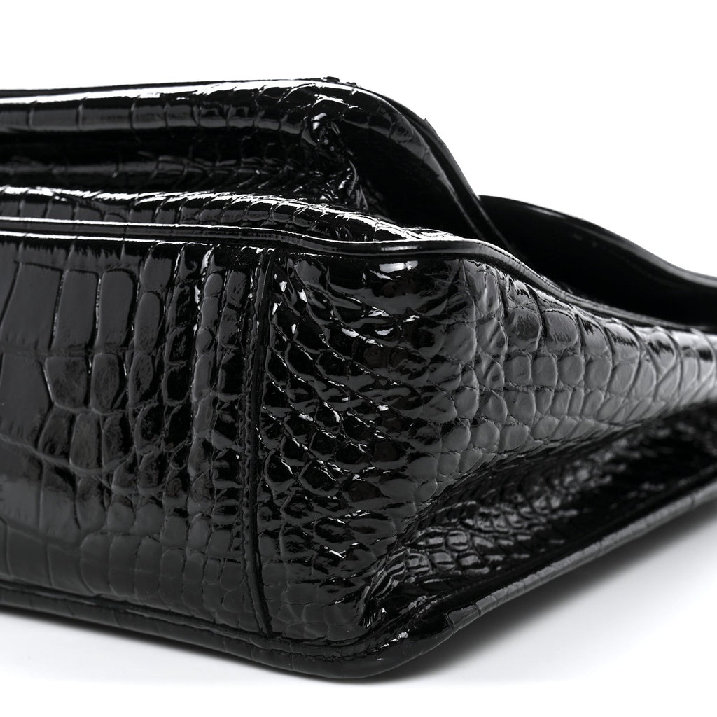 Patent Crocodile Embossed Lambskin Monogram Medium Niki Chain Satchel Black