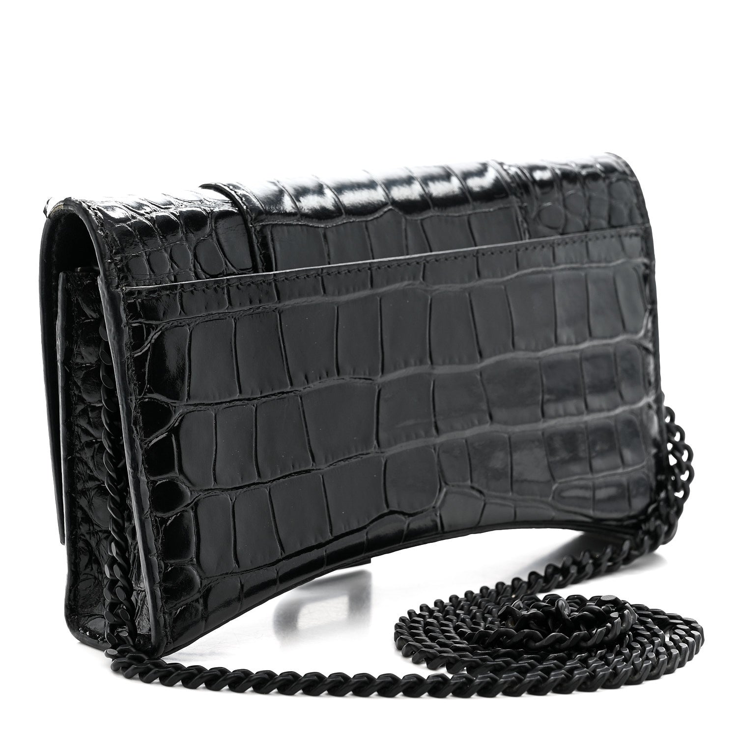 Shiny Calfskin Monochrome Crocodile Embossed Hourglass Chain Bag Black