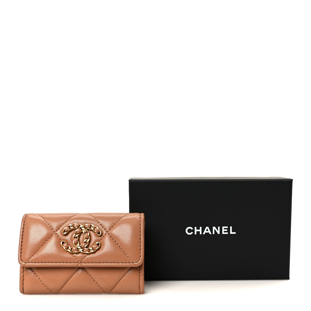 Lambskin Quilted Chanel 19 Flap  Holder Brown