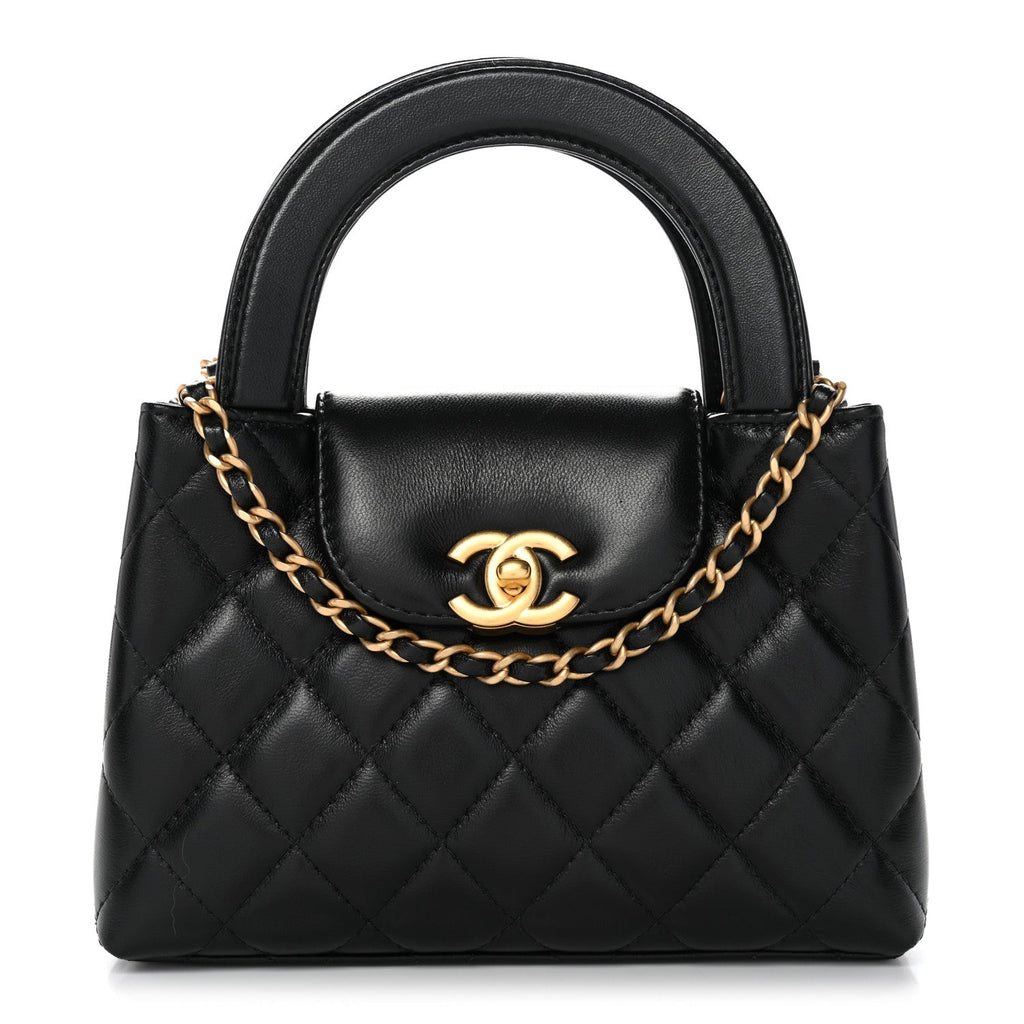 Shiny Aged Calfskin Quilted Nano Kelly Shopper Black