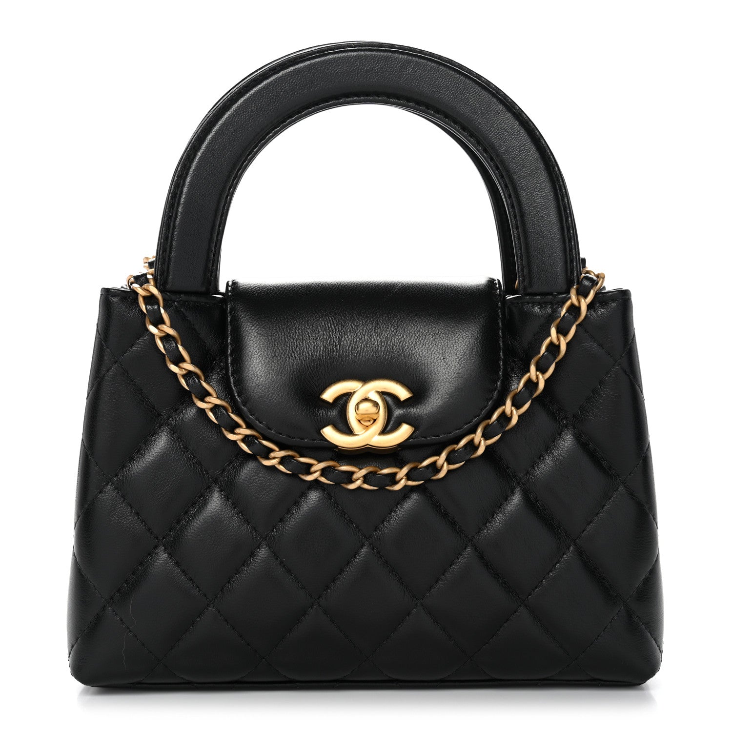 Shiny Aged Calfskin Quilted Nano Kelly Shopper Black