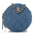 Denim Quilted Round Pearl Crush Clutch With Chain Blue