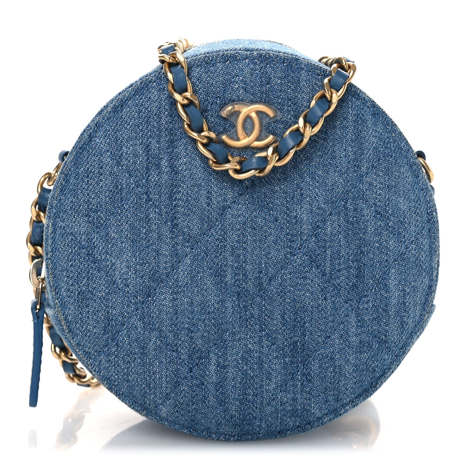 Denim Quilted Round Pearl Crush Clutch With Chain Blue
